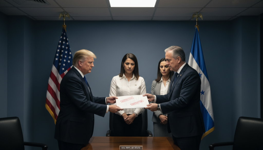 l'administration trump restreint les visas de deux hauts responsables honduriens en réponse à un comptage électoral spécial, reflétant les tensions politiques entre les deux pays.