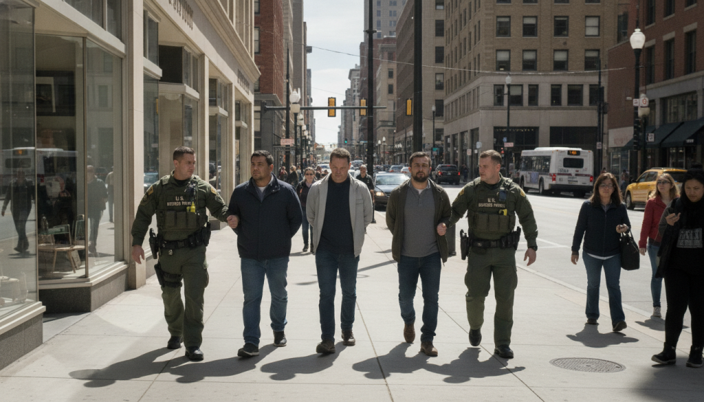 quatre hommes ont été arrêtés par la patrouille frontalière américaine au cœur du centre animé de fayetteville, sous des circonstances en cours d'investigation.